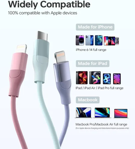 Vista 7 de Cable USB C a Lightning de Apple, paquete de 3 cargadores de iPhone de 6 pies con certificación MFi de carga rápida tipo C a Lightning, cable
