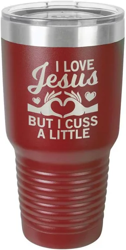 Vista 20 de Taza de viaje con texto en inglés "I Love Jessus I CUSS A LITTLE Engraved Tumbler", de acero con recubrimiento de polvo grabado con láser, sin BPA