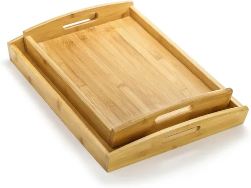 Vista 3 de Peohud Paquete de 4 bandejas de bambú para servir con asas, bandeja rectangular de comida de cocina para comer, bandejas de cena para comer