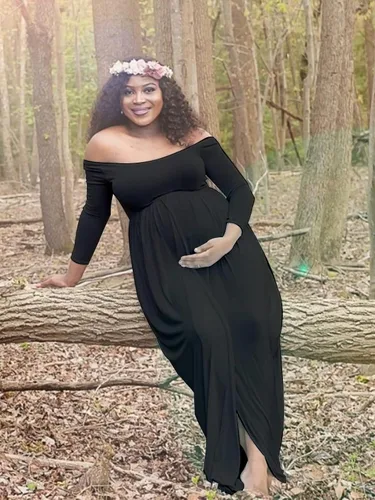 Vista 4 de YnimioAOX Vestido de maternidad de manga larga con hombros descubiertos para mujer, para fotografía, vestido de maternidad de gasa para sesión