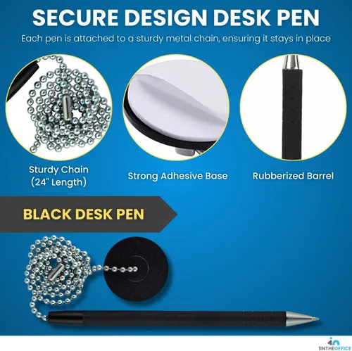Vista 3 de 1InTheOffice Bolígrafo con cadena, bolígrafo de seguridad para mostrador, almohadilla redonda adhesiva, negro, paquete de 6