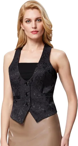 Vista 4 de GRACE KARIN Chaleco para mujer, estilo vintage, steampunk, con espalda cruzada, chaqueta jacquard