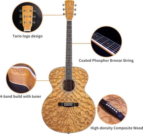 Vista 4 de TARIO 41 '' Antiguo Cuerpo Jumbo Guitarra Acústica Cuerpo Fresno Rizado Cuerpo Okoume Cuello Natural