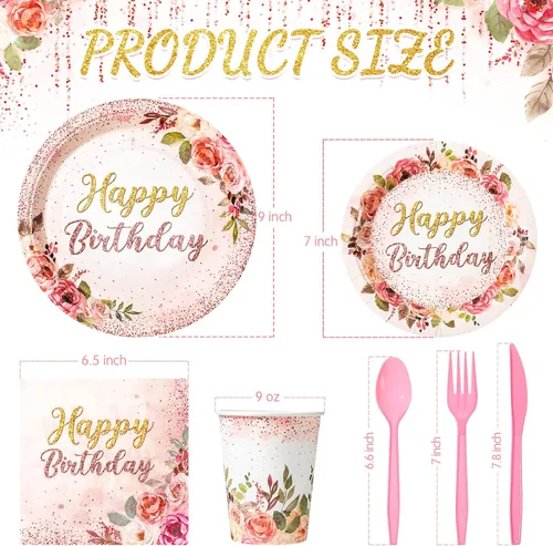 Vista 2 de Roshtia 175 piezas de suministros florales para fiesta, sirven a 25 invitados, juegos de vajilla de rosa de feliz cumpleaños para adultos y mujeres