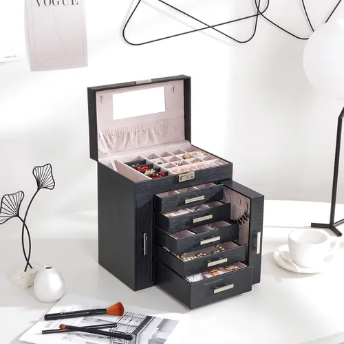 Vista 2 de ANWBROAD UJJB008B - Caja organizadora de joyas de 6 niveles con cerradura de espejo, soporte de joyería para aretes, anillos, pulseras, organizador