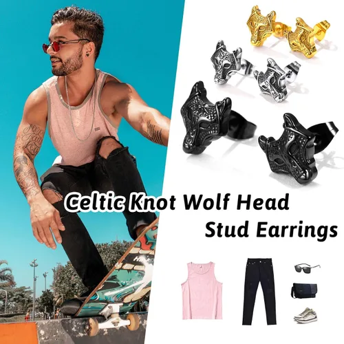 Vista 5 de FaithHeart Norse Vikingo Jewelry - Aretes de tuerca de plata de ley de acero inoxidable, lobo celtamartillo de Thors para mujeres y hombres, Acero