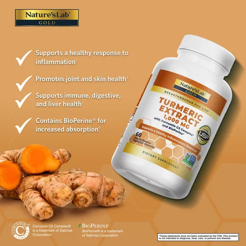 Vista 2 de Nature's Lab Extracto de cúrcuma con curcumina C3 y BioPerine 1000mg - Promueve la salud cardiovascular, la digestión y el sistema inmunológico - 60