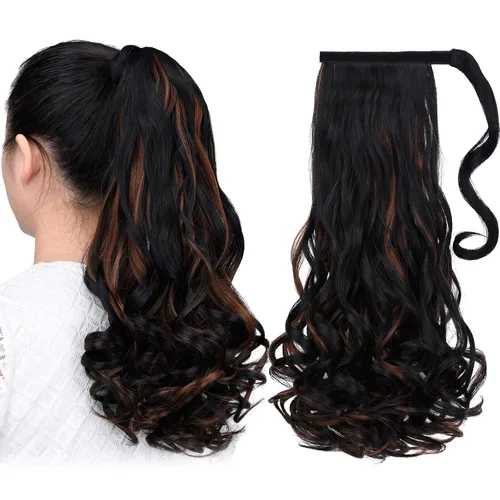 Vista 24 de Extensiones de cola de caballo, extensión de cola de caballo negra de 16 pulgadas, corta, ondulada, rizada, envolvente, resistente al calor