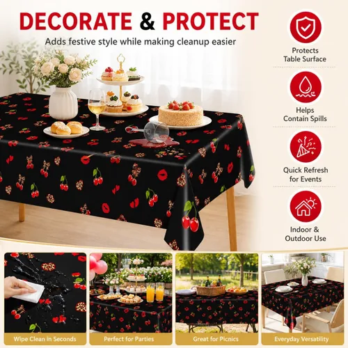 Vista 9 de 3 manteles de plástico desechables de 54 x 108 pulgadas, estampado de leopardo rojo y negro con labios rojos, manteles impermeables para cumpleaños