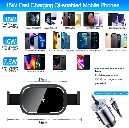 Vista 5 de Cargador de coche inalámbrico para Samsung Galaxy Z Fold 7 6 5 4 3 2, 15 W, soporte de coche de carga rápida, accesorios de coche, soporte