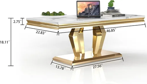Vista 2 de SSLine Mesa auxiliar rectangular de mármol sintético para sala de estar, moderna mesa central de mármol blanco de lujo con base de diamante dorado