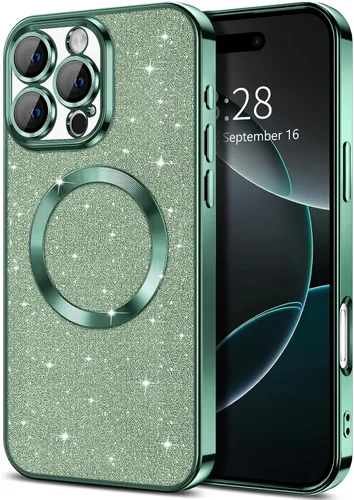 Vista 9 de Hython para iPhone 16 Funda con chispas brillantes, fundas transparentes magnéticas con protector de lente de cámara [Compatible con MagSafe]