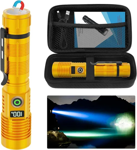 Vista 9 de Linterna recargable de alto lúmenes, luz magnética súper brillante con pantalla digital de potencia, largo alcance, regulable, impermeable, linterna