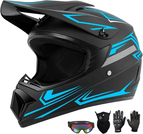 Vista 13 de Juego de 4 cascos de motocross para niños y jóvenes (guantes con gafas), casco de motocicleta de cara completa aprobado por DOT, ATV, BMX, bicicleta