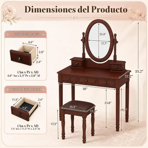 Vista 2 de Anwick Escritorio vintage con espejo de ángulo ajustable, juego de tocador de madera para dormitorio con forro de tela de terciopelo, 5 cajones