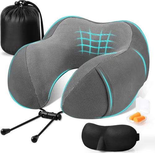 Vista 10 de CloudBliss Almohada de viaje de espuma viscoelástica de alta calidad, almohada cervical cómoda y de apoyo, almohadas cervicales para viajar Negro