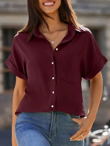 Vista 3 de Beautife - Camisa de manga corta para mujer, con cuello en V, botones y bolsillos