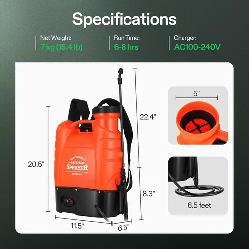 Vista 7 de VIVOSUN Pulverizador de mochila con batería de 4 galones, pulverizador de bomba eléctrica con cuatro boquillas para césped de jardín, naranja