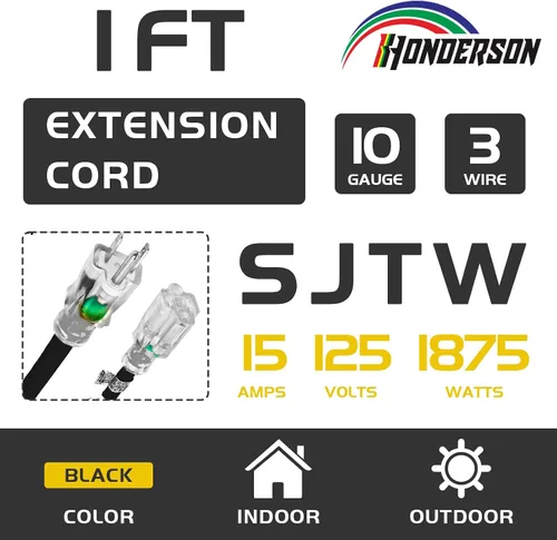 Vista 2 de Cable de Extensión HONDERSON con Extremo Iluminado, Certificado UL, Calibre 10, 1 Pie, Negro, 3 Puntas, Resistente, 10/3 SJTW, 15A, Cable de Energía
