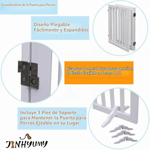 Vista 4 de Puerta para Perros de Madera Independiente para Mascotas de 3 Paneles de 23.6" de Altura Blanca Cercas Interiores para Perros, Puerta de Casa