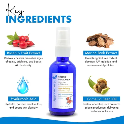 Vista 4 de Blue Beautifly Hidratante facial de rosa mosqueta, restaura la elasticidad, aumenta el colágeno y protege la piel, hidratante de ácido hialurónico