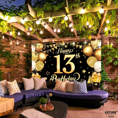 Vista 7 de KatchOn, Cartel de feliz cumpleaños número 13, negro y dorado, extragrande, 72 x 44 pulgadas, telón de fondo de feliz cumpleaños, pancarta de feliz