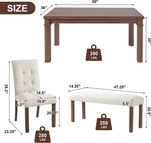 Vista 52 de Juego de mesa de comedor vintage de 6 piezas, juego de mesa de comedor de cocina de madera maciza con 4 sillas ergonómicas acolchadas y banco, mesa