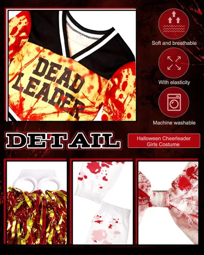 Vista 3 de Jecery El disfraz de Zombie Fearleader incluye disfraz de animadora, 2 pompones de animadora de papel metalizado, calcetines de Halloween, 1 lazo