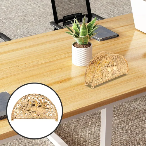 Vista 9 de Vertical Metal Napkin Holder for Countertop, Table Napkin Stand with Creative Fan-shaped Hollow Design, Gold Rustic Kitchen Tissue Dispenser for