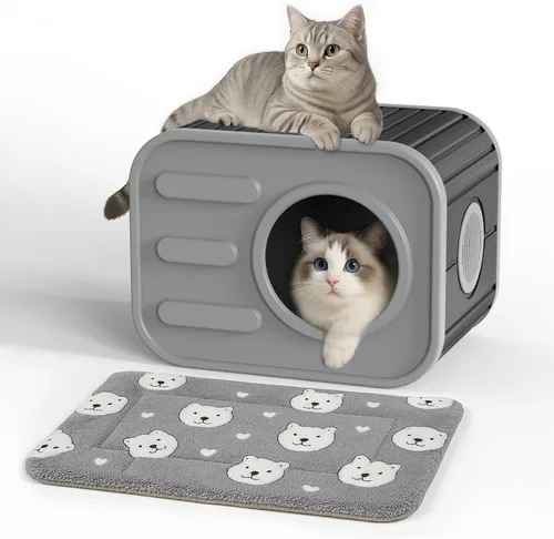 Vista 11 de PatioZen Cama para gatos de interior, casa en cubo, resistente a la intemperie, refugio aislado de plástico con suelo elevado, apilable
