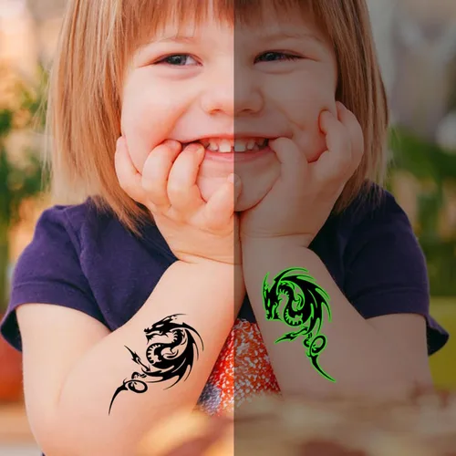 Vista 2 de 16 hojas de tatuajes temporales luminosos de dragón fénix que brillan en la oscuridad dragón decoración de fiesta de cumpleaños, suministros