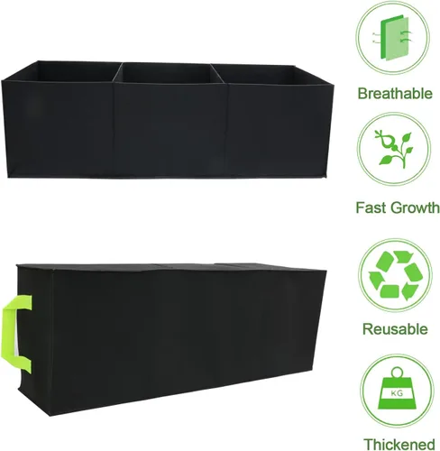 Vista 4 de Bolsas de cultivo de 15 galones, paquete de 2 unidades, 3 compartimentos, bolsas de plantación rectangulares elevadas, 14.11 oz de tela no tejida