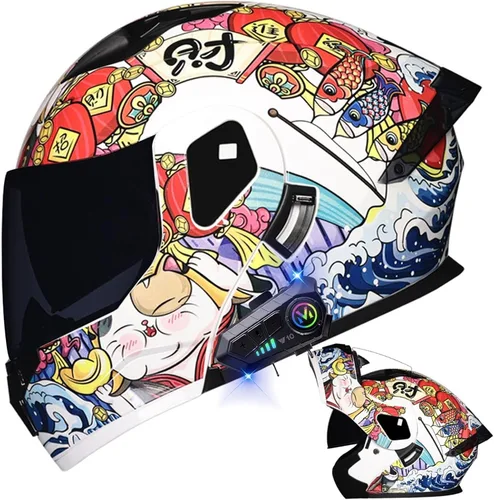 Vista 50 de Casco modular Bluetooth para motocicleta, aprobado por DOT, de cara completa, abatible, antivaho, doble visera, casco de motocicleta de calle, LENTE