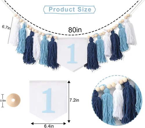 Vista 2 de Cartel de primer cumpleaños para silla de bebé, pancarta temática de borla azul para niño, pancarta de fiesta de primer cumpleaños, corona de madera