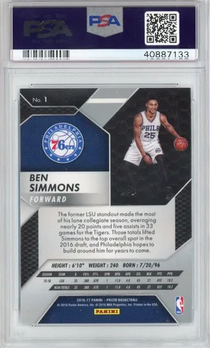 Vista 2 de Calificado 2016-17 Panini Prizm Ben Simmons #1 Rookie RC Baloncesto Tarjeta PSA 10 Gem Mint