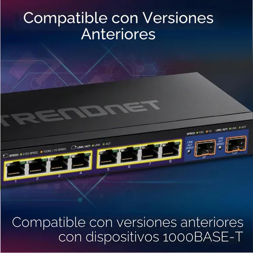Vista 5 de TRENDnet Conmutador Web Inteligente Multi-Gig de 10 Puertos, TEG-3102WS, 8 Puertos 2.5GBASE-T, 2 Ranuras SFP+ de 10G, Divisor Ethernet, Carcasa