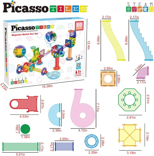 Vista 7 de PicassoTiles Carrera de Canicas Juego de 60 piezas, pista de carreras, bloques de construcción magnéticos, juguete educativo, kit de construcción