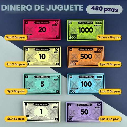 Vista 2 de Queensell Dinero de juego adecuado para juegos de mesa Monopoly – 480 piezas de 60 billetes de cada denominación – Papel de impresión de doble cara