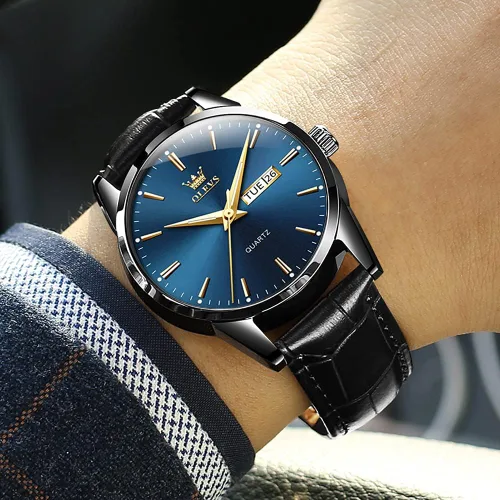Vista 7 de OLEVS Relojes para hombres de cuero marrón caja dorada analógico cuarzo moda negocios vestido reloj día fecha luminoso impermeable casual masculino