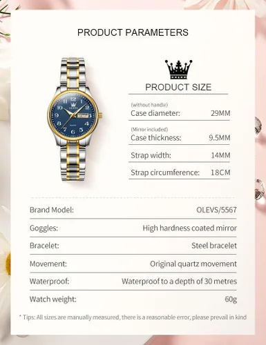 Vista 7 de OLEVS Relojes para Mujeres Vestido de Negocios Femenino Damas para Muñeca Pequeña Reloj Tono Dorado y Plateado Banda de Acero Inoxidable Analógico