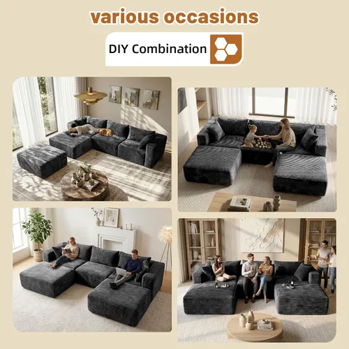 Vista 6 de Sofá modular 110 sin hueso con 2 otomanas, sofá modular en forma de U de pana, sofá convertible en nube con asientos profundos, no requiere montaje