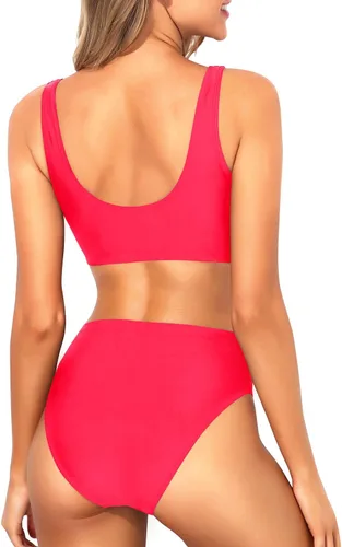 Vista 2 de Tempt Me Traje de baño deportivo de dos piezas para mujer, bikini de cuello redondo y tiro alto, top corto, traje de baño de cintura alta
