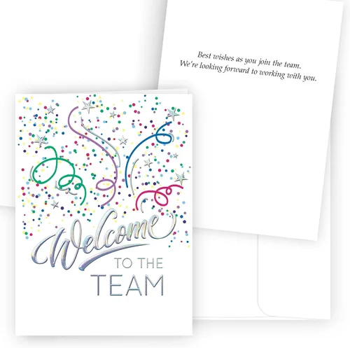 Vista 2 de 25 tarjetas de bienvenida para empleados – divertido diseño de confeti – 26 sobres blancos – FSC Mix