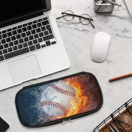 Vista 7 de Estuche de cuero blanco de béisbol 3D para lápices, organizador de papelería de gran capacidad, bolsa para lápices con agua y fuego para niños