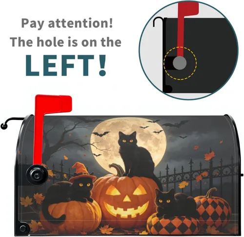 Vista 3 de Halloween Pumpkin Black Cat Mailbox Covers Magnetic Standard Size 18 X 21 Fall Maple leaves Spooky Themed Holiday Decorations Mailbox Wrap Post