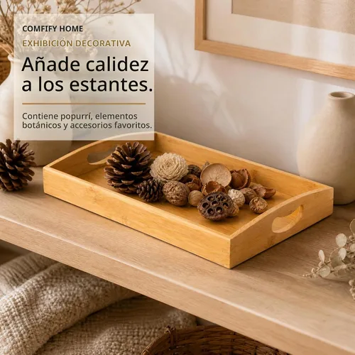 Vista 9 de Comfify Bandejas de bambú para servir, juego de 3 bandejas otomanas para alimentos, entretenimiento y decoración, diseño minimalista