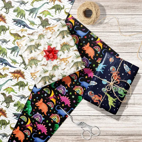 Vista 4 de RiukRaiu Papel de regalo de dinosaurio para niños y niñas, divertido papel de regalo T-Rex para cumpleaños, fiesta, baby shower, 8 hojas plegadas