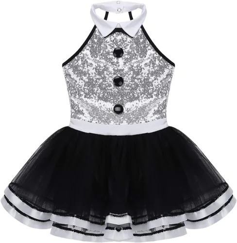 Vista 4 de Moily Leotardo de lentejuelas con cuello halter para niñas, faldas tutú, ballet, moderno, jazz, baile latino, vestido de escenario Negro&blanco