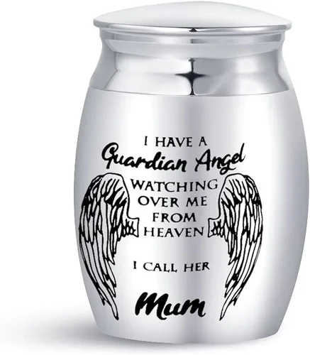 Vista 3 de LSxAB Mini urna de cremación para mujeres para cenizas humanas, mamá, mamá, madre, madre, tengo un ángel de la guarda que me vigila desde el cielo