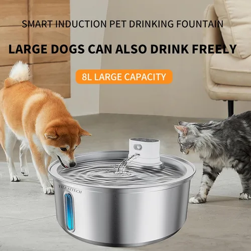 Vista 3 de Fuente de agua inalámbrica para gatos de acero inoxidable, fuente para gatos de 270 oz/8 L, funciona con pilas, fuente de agua inalámbrica